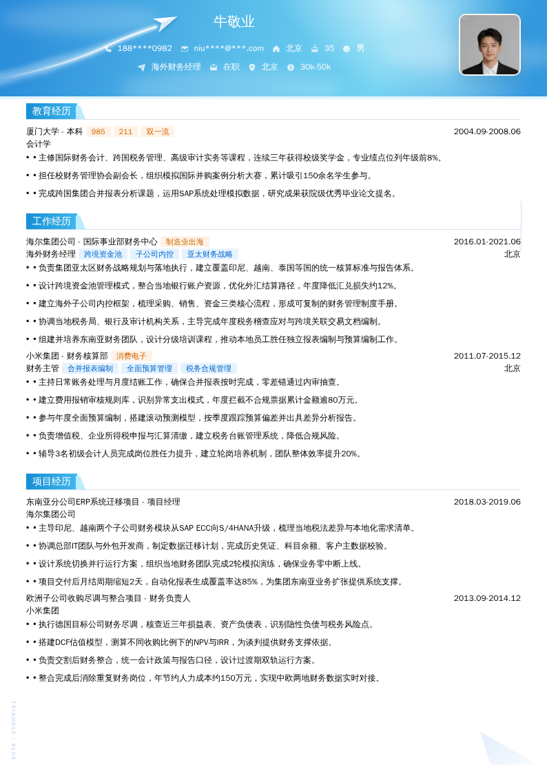 海外财务经理简历模板