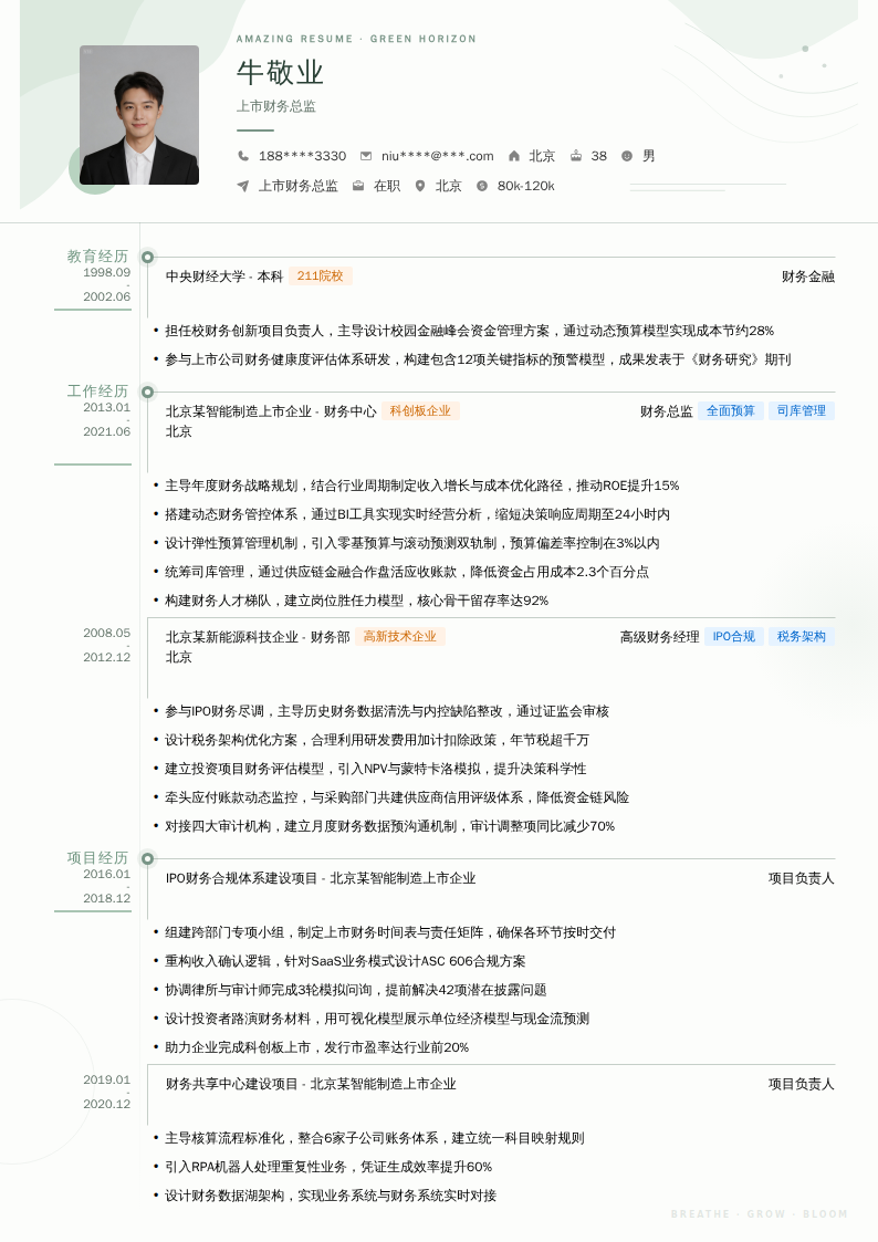 上市财务总监简历模板