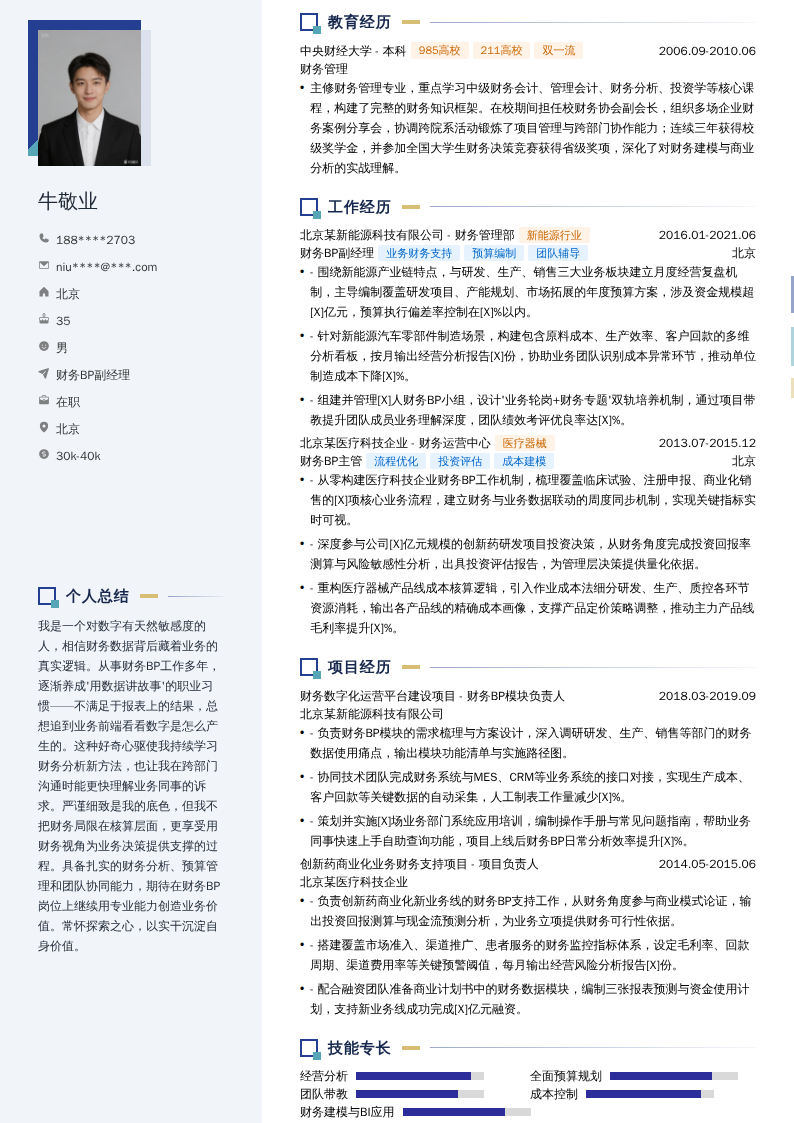 财务BP副经理简历模板