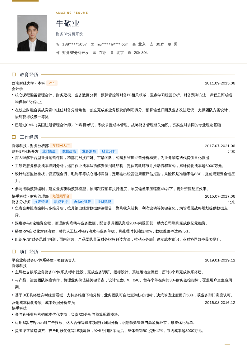 财务BP分析开发简历模板