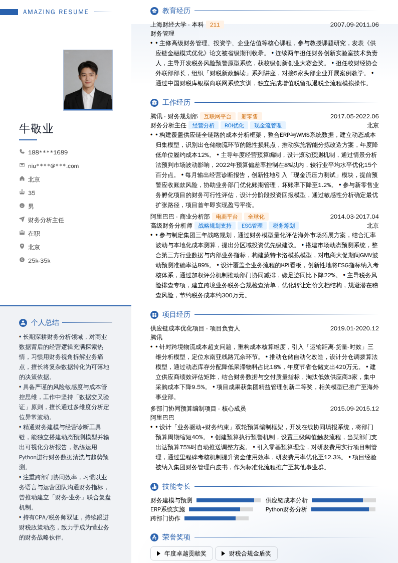 财务分析主任简历模板