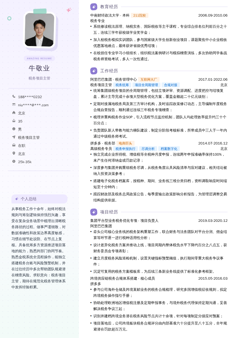 税务项目主管简历模板