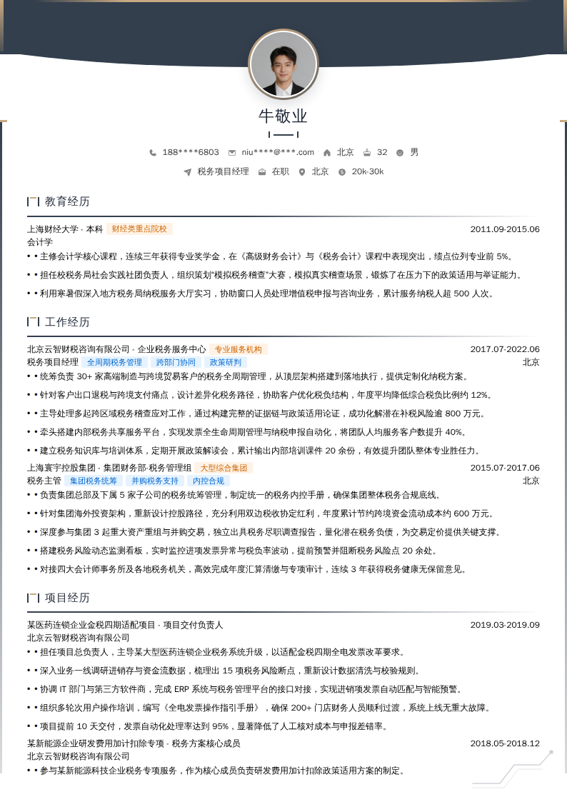 税务项目经理简历模板