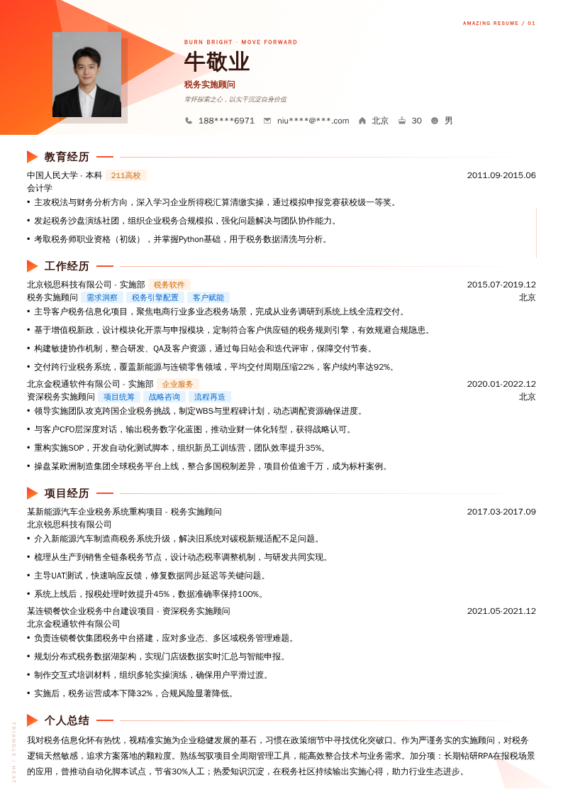 税务实施顾问简历模板