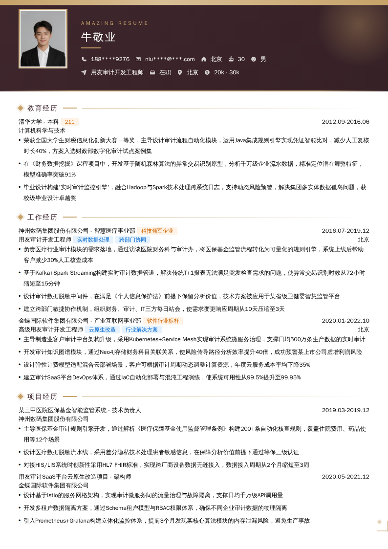 用友审计开发工程师简历模板