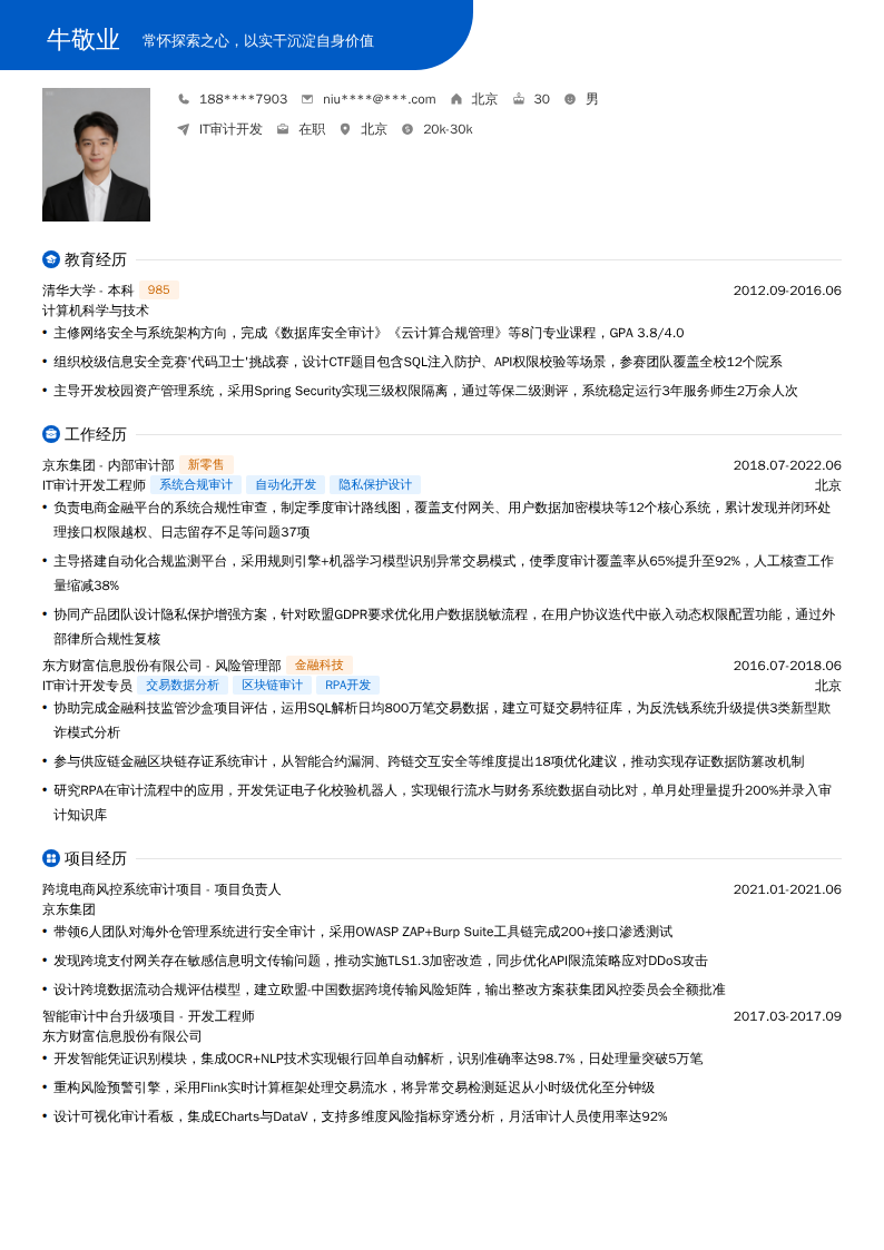 IT审计开发简历模板