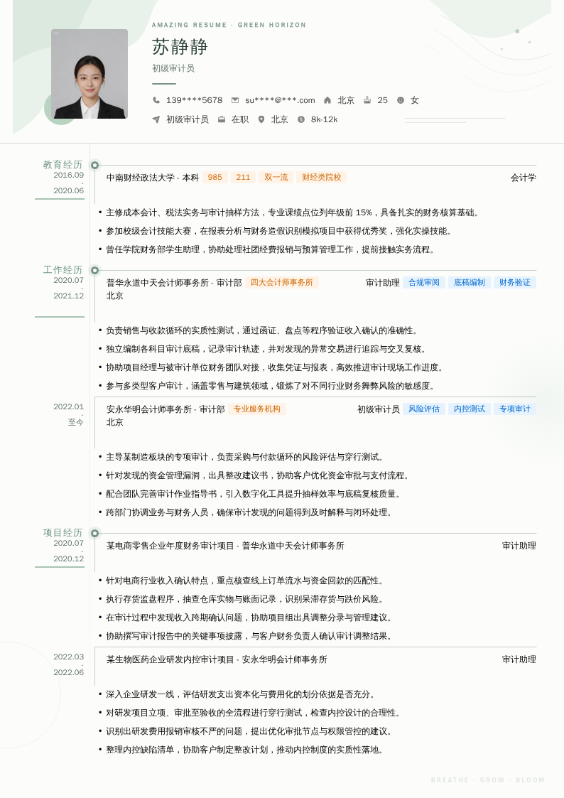 初级审计员简历模板