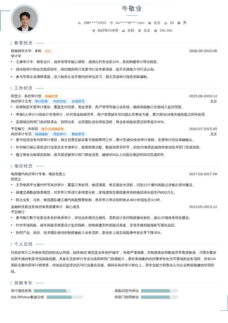 风控审计经理简历模板