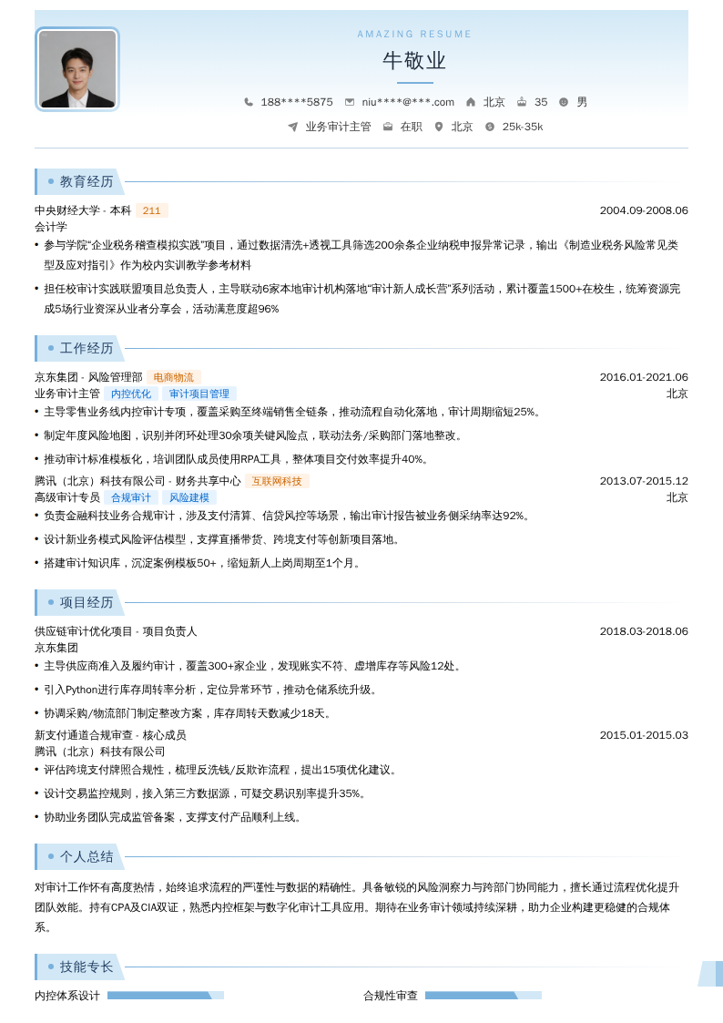 业务审计主管简历模板