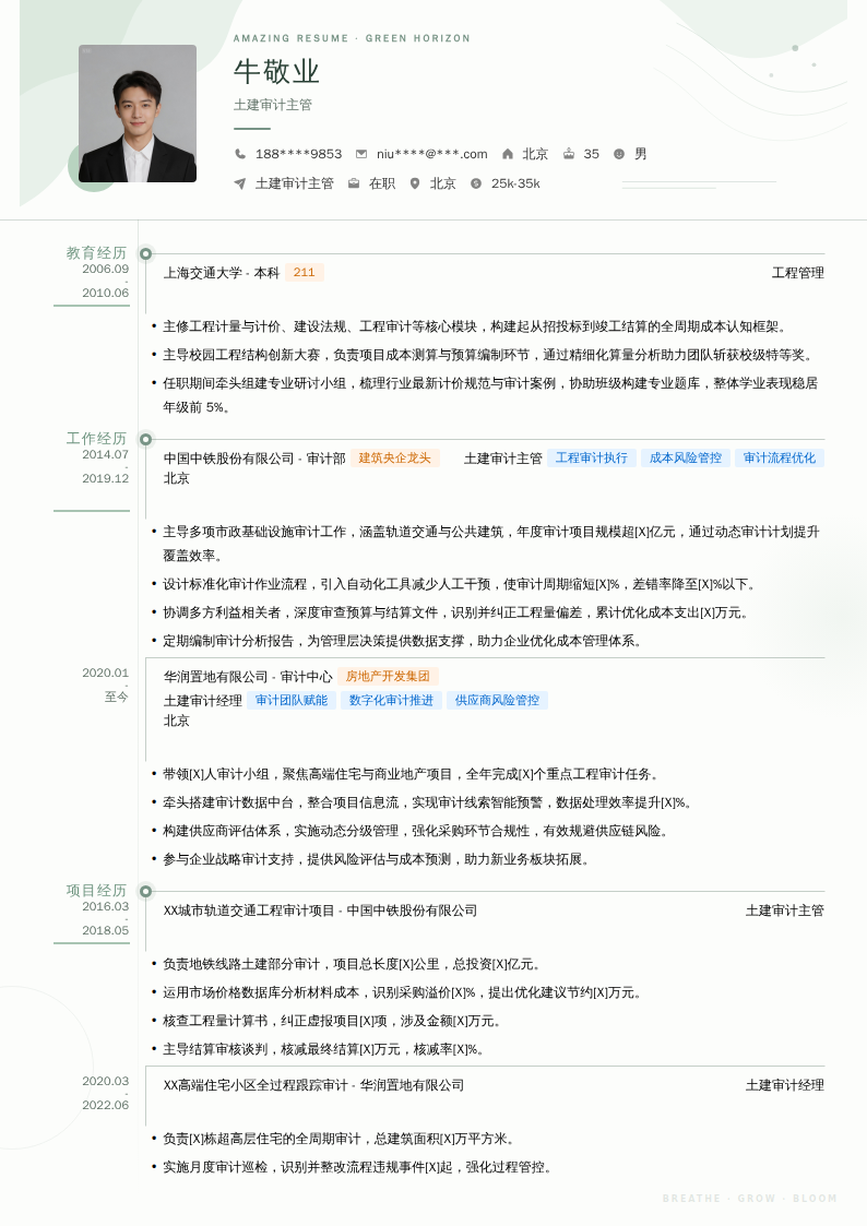 土建审计主管简历模板