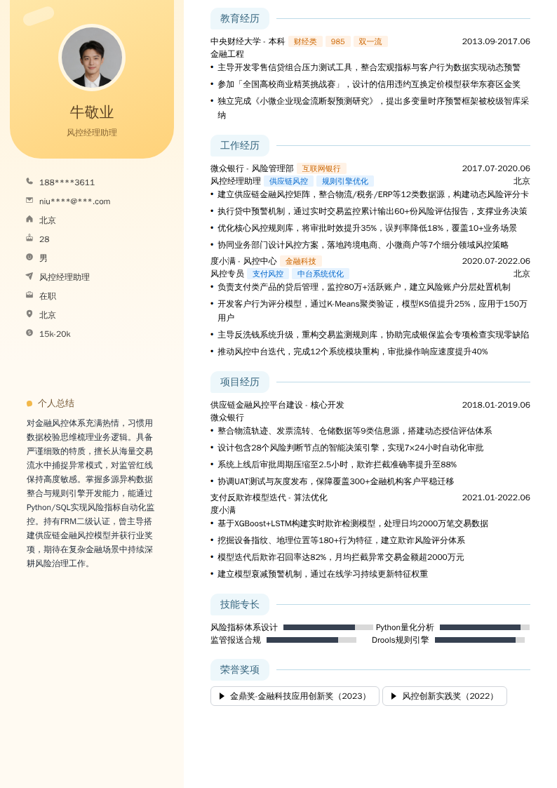 风控经理助理简历模板