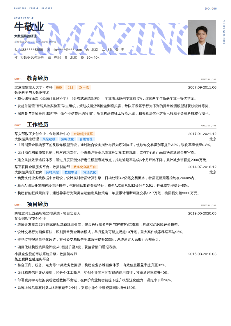 大数据风控经理简历模板