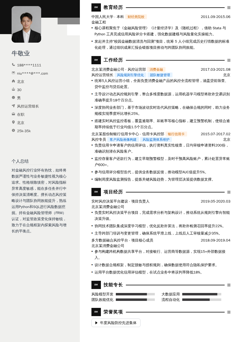 风控运营组长简历模板