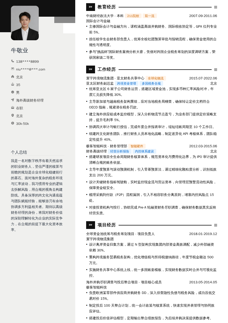 海外高级财务经理简历模板