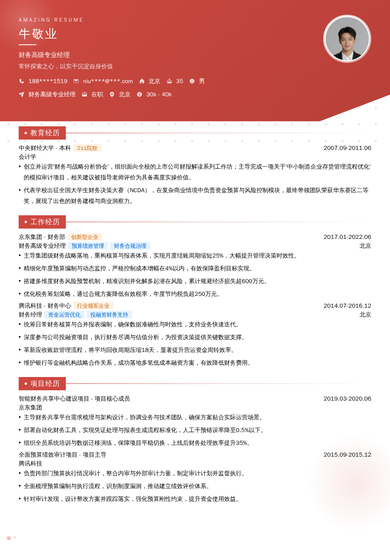 财务高级专业经理简历模板