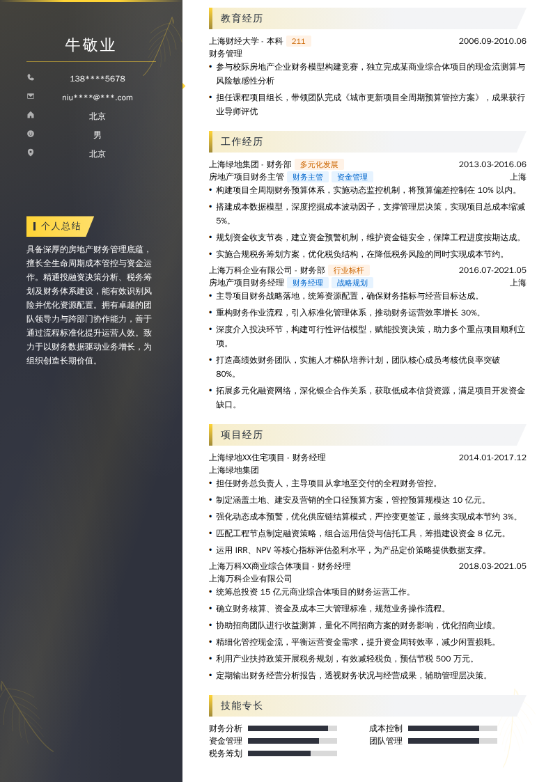 房地产项目财务经理简历模板