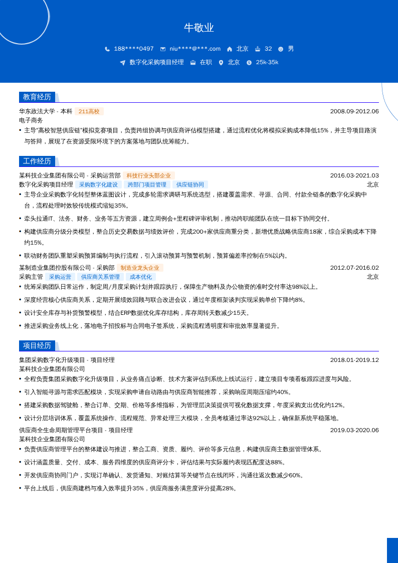 数字化采购项目经理简历模板