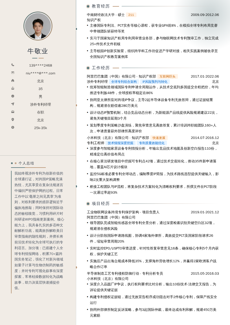 涉外专利经理简历模板