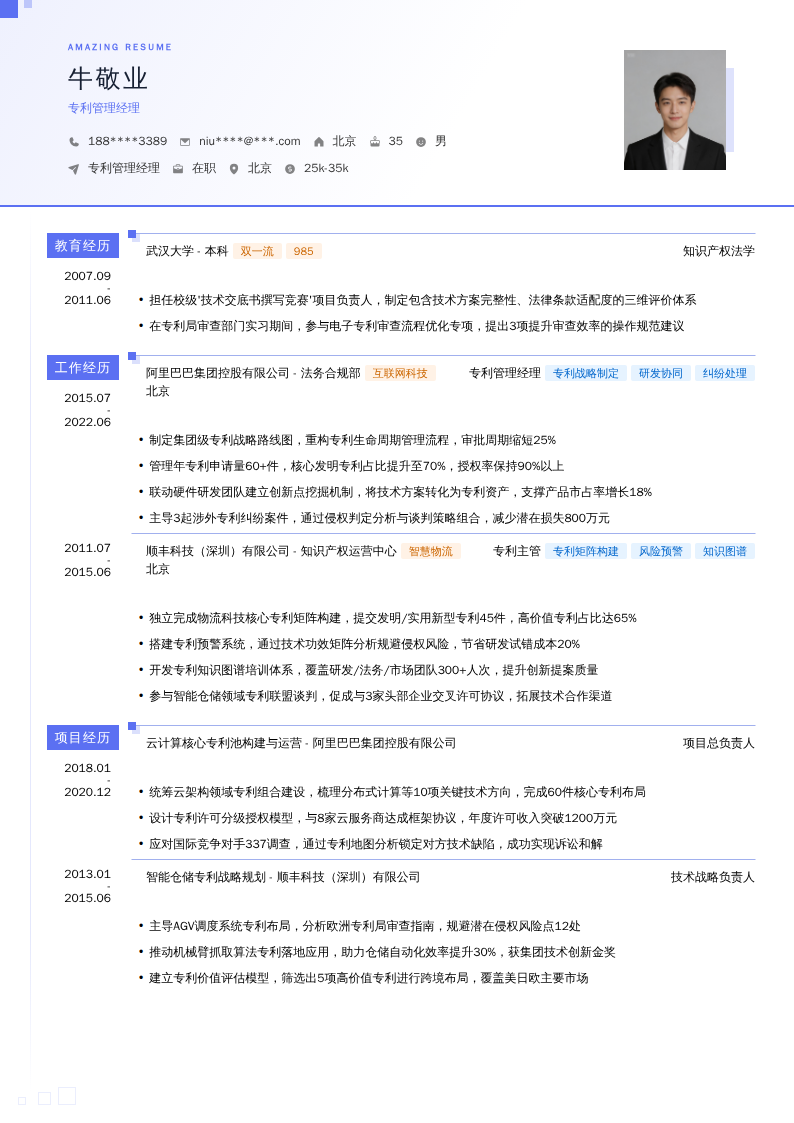 专利管理经理简历模板
