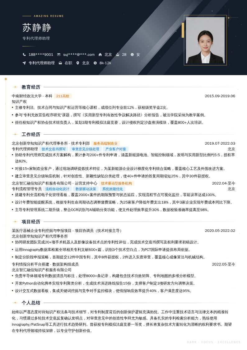 专利代理师助理简历模板