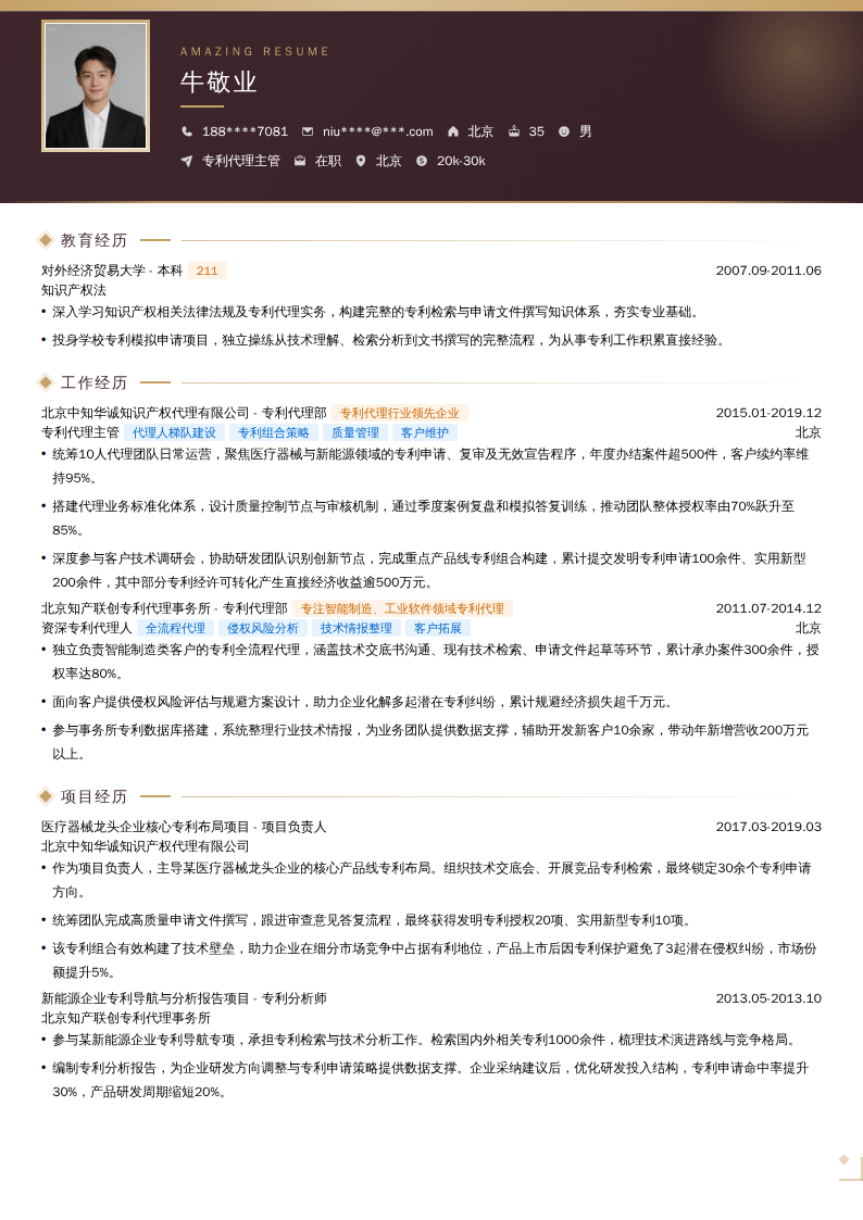 专利代理主管简历模板