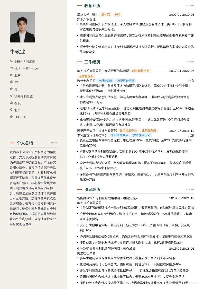 涉外专利总监简历模板