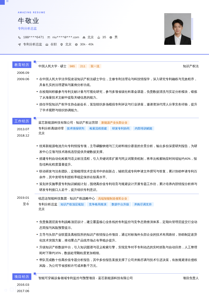 专利分析总监简历模板