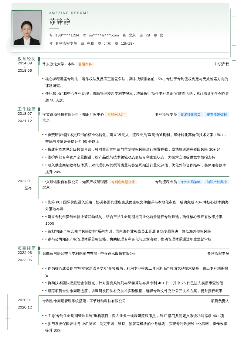 专利流程专员简历模板