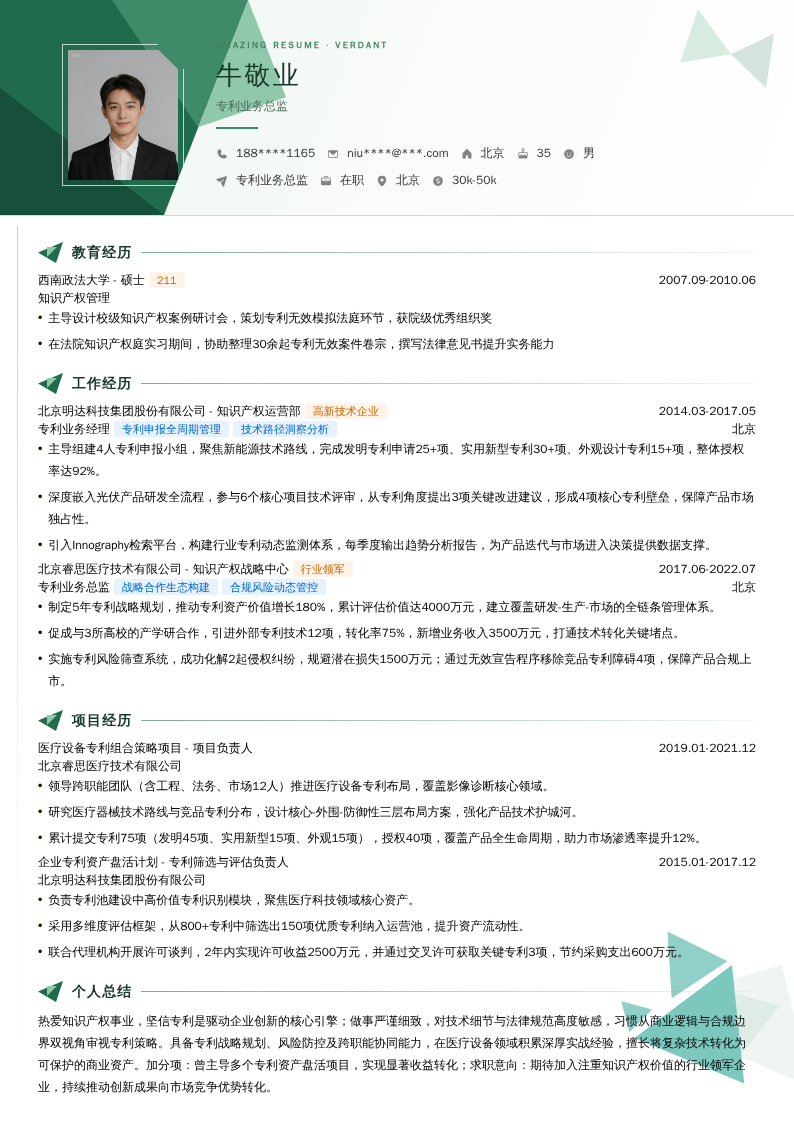专利业务总监简历模板