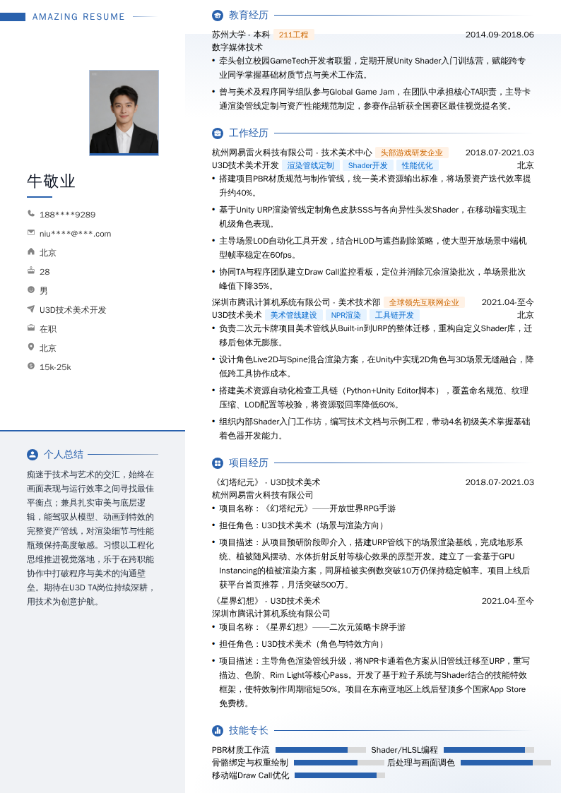 U3D技术美术开发简历模板