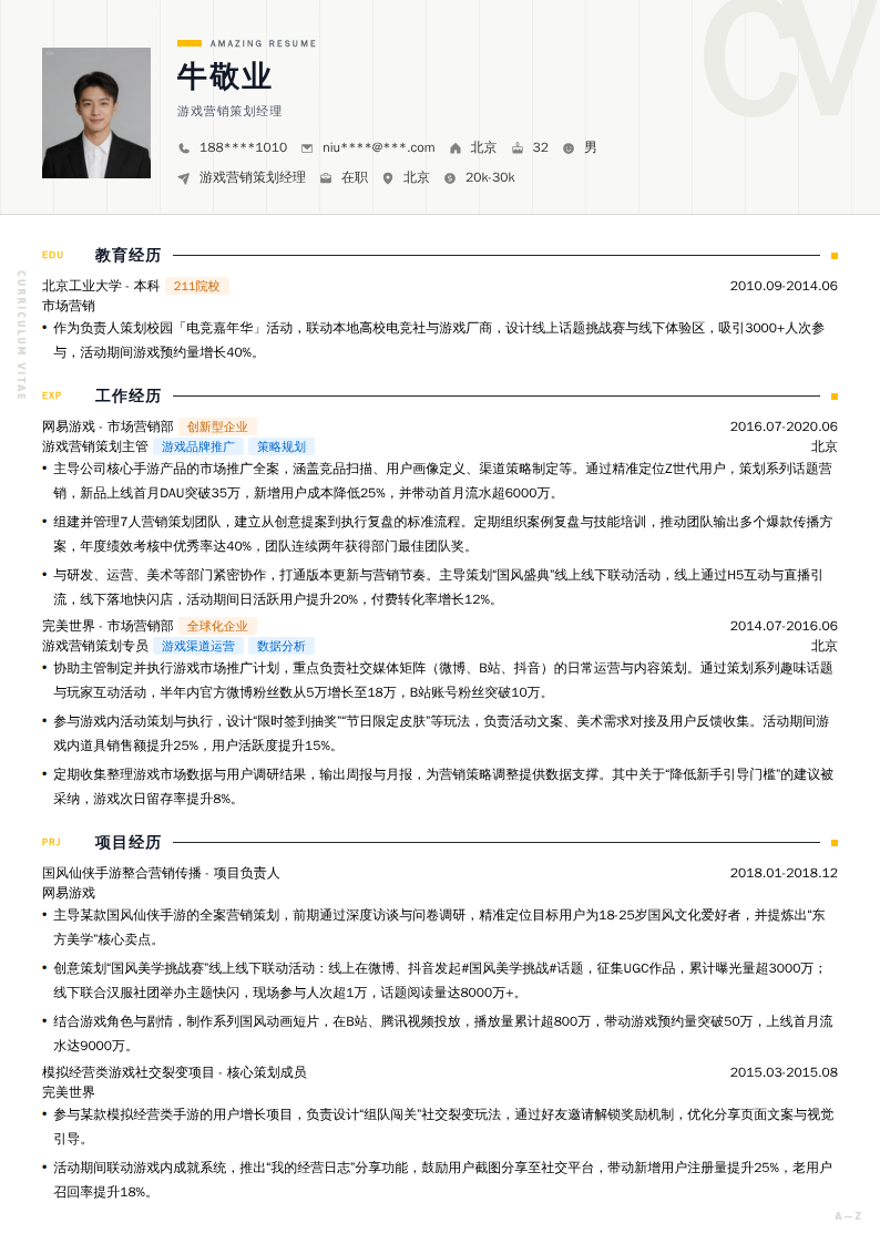 游戏营销策划经理简历模板