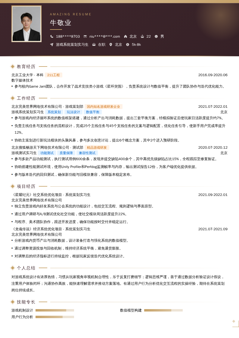 游戏系统策划实习生简历模板