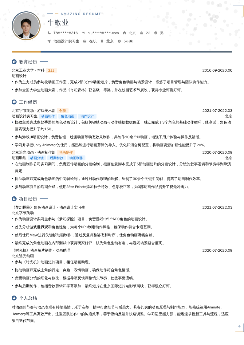 动画设计实习生简历模板