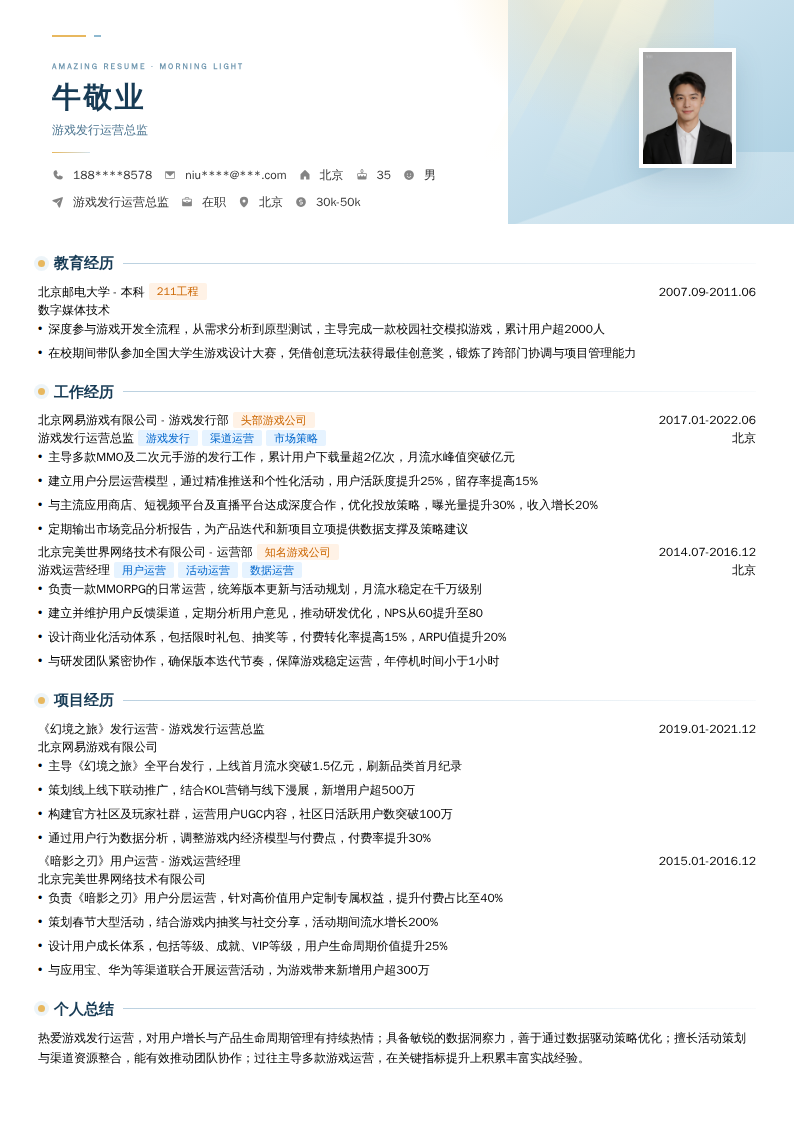 游戏发行运营总监简历模板