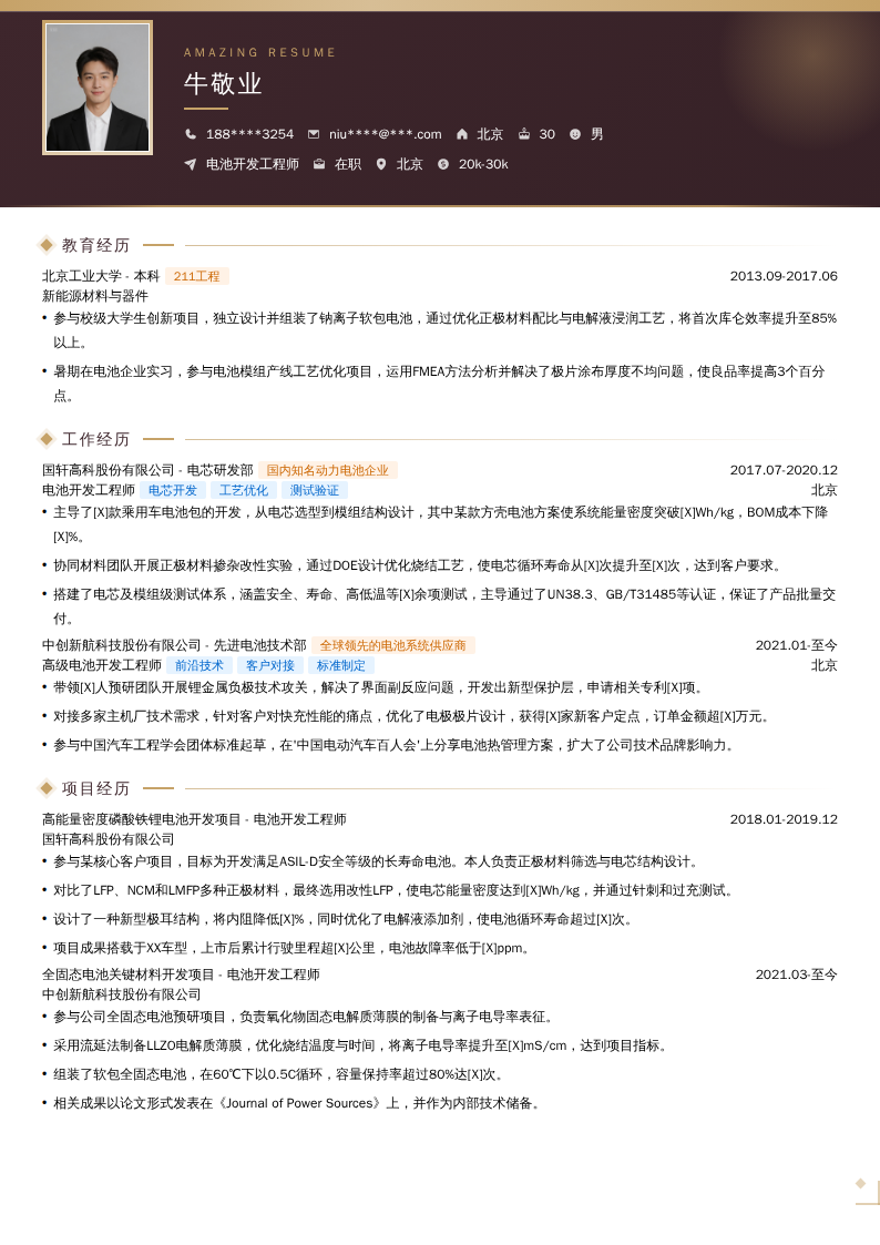 电池开发工程师简历模板