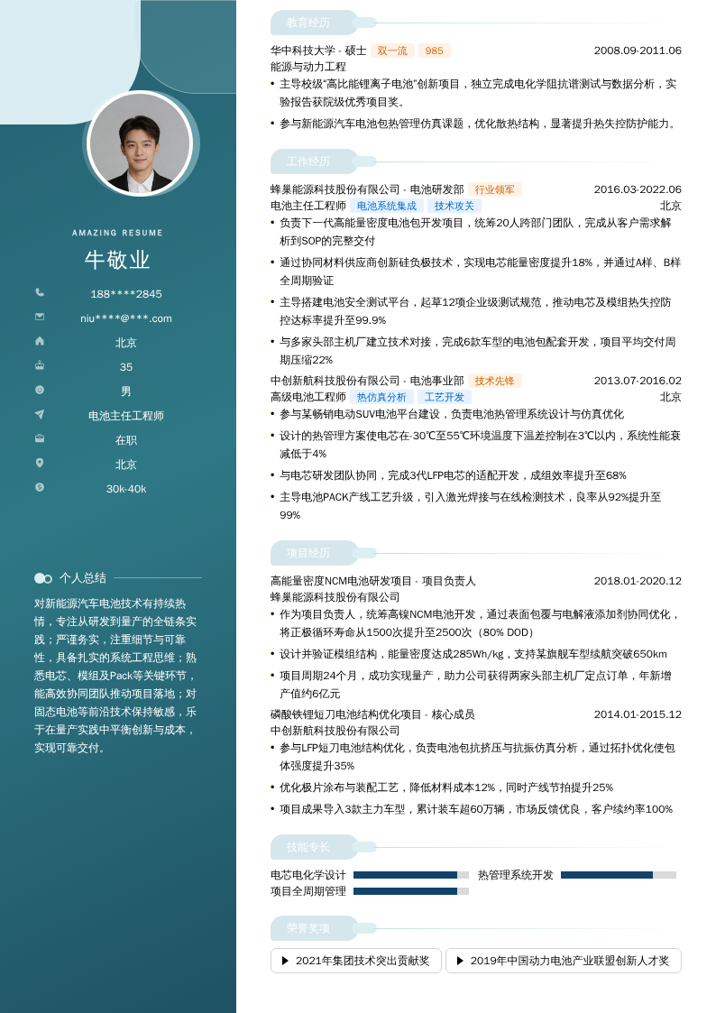 电池主任工程师简历模板