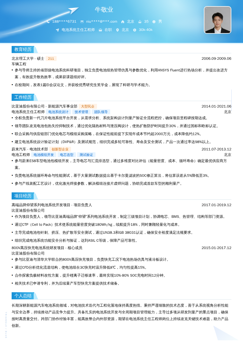 电池系统主任工程师简历模板