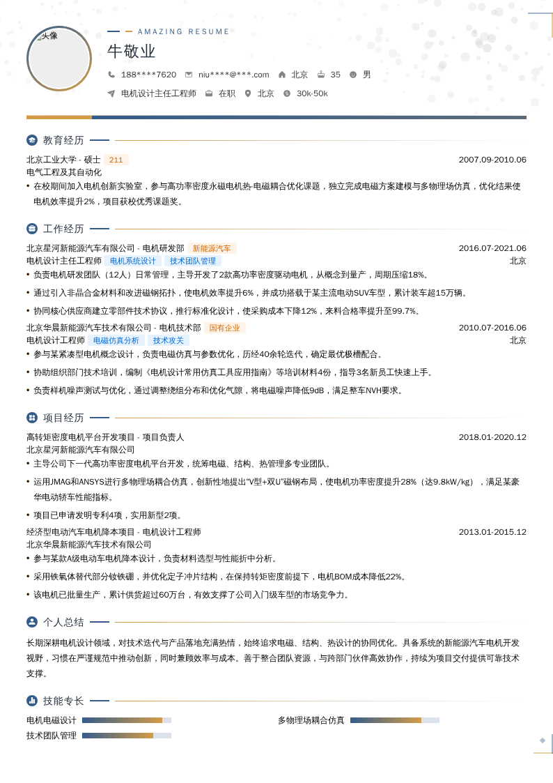电机设计主任工程师简历模板