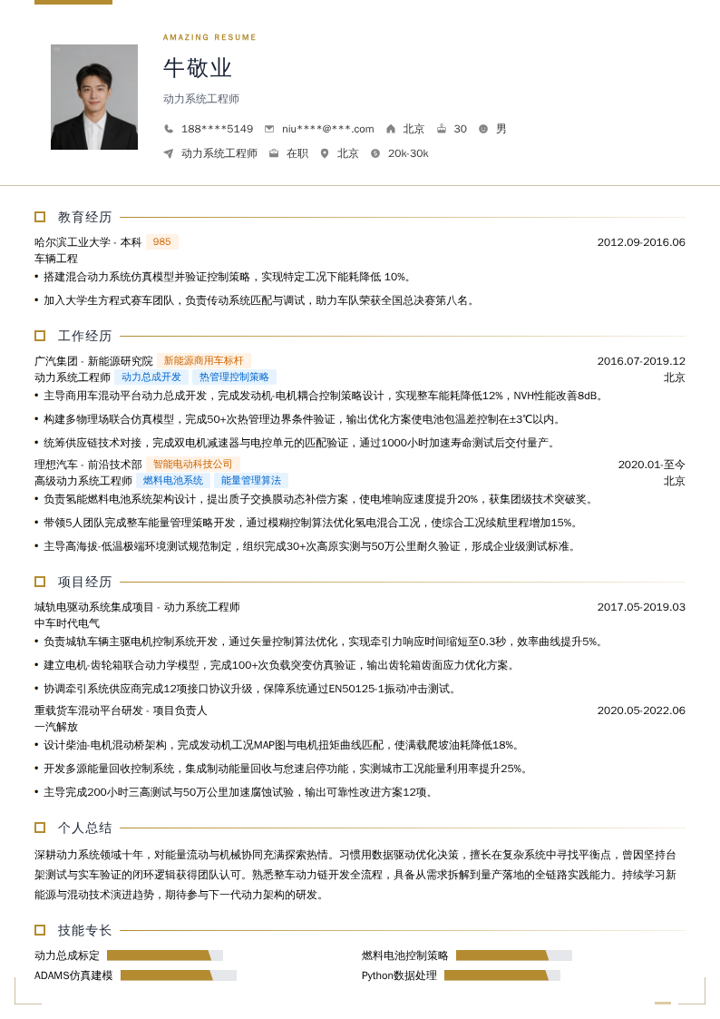 动力系统工程师简历模板