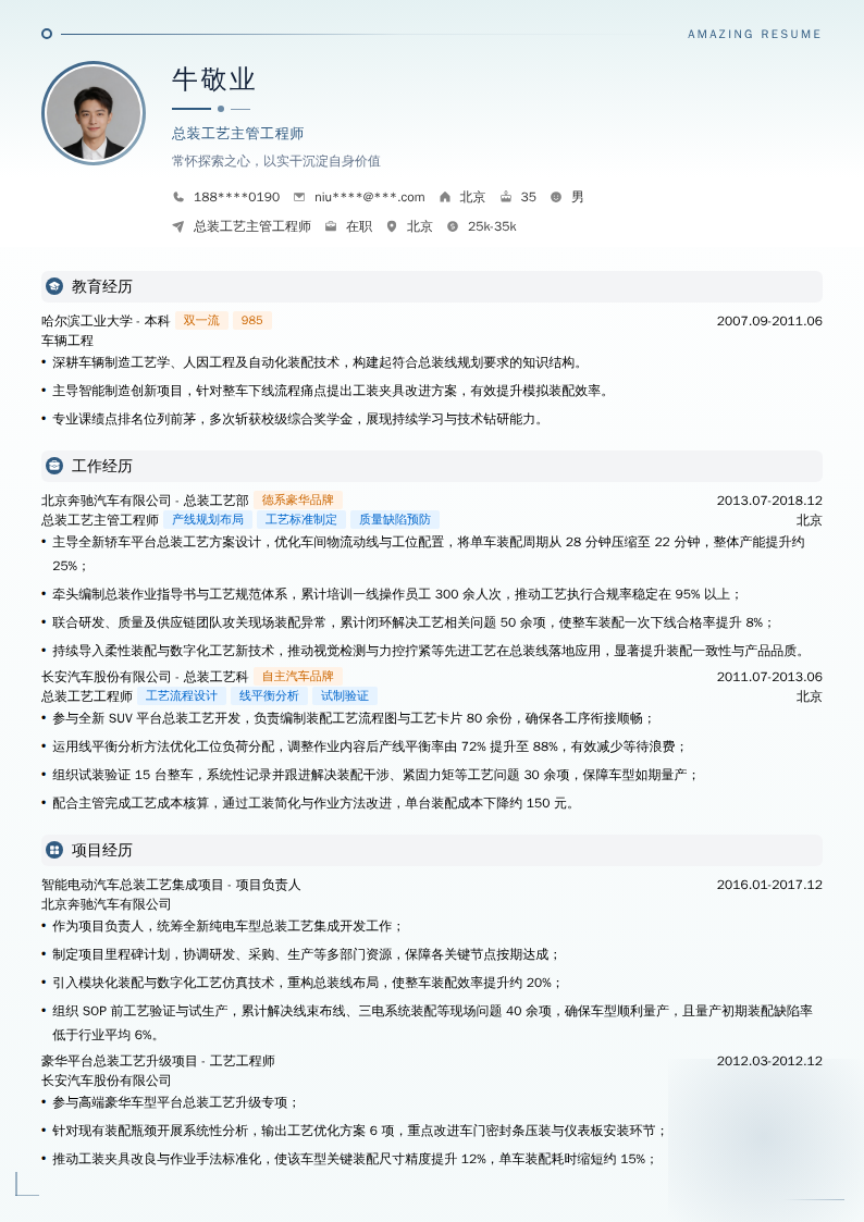 总装工艺主管工程师简历模板