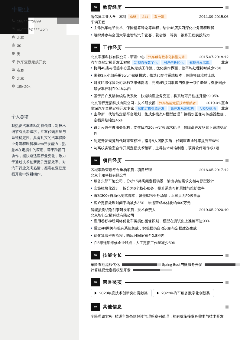 汽车查勘定损开发简历模板