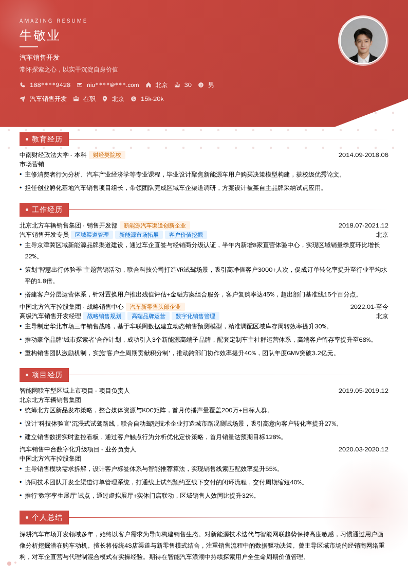 汽车销售开发简历模板
