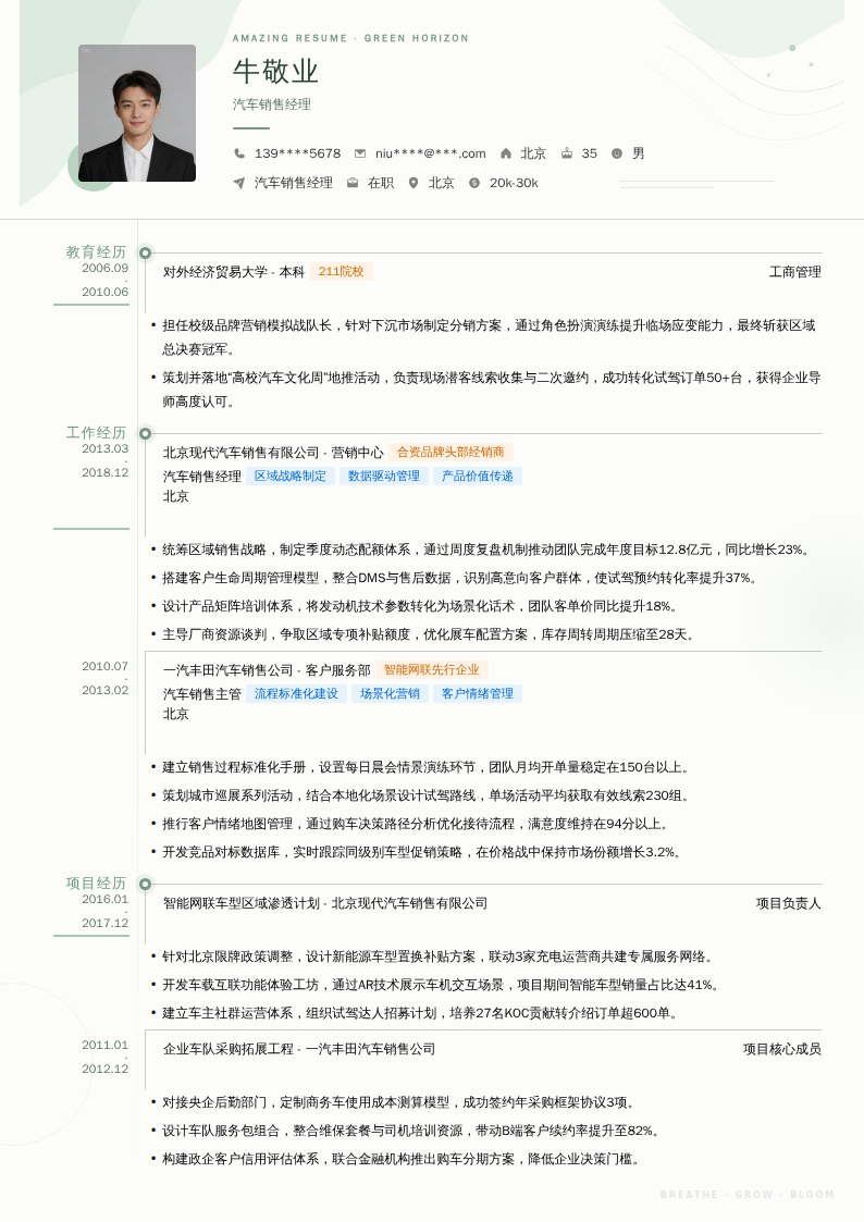 汽车销售经理简历模板