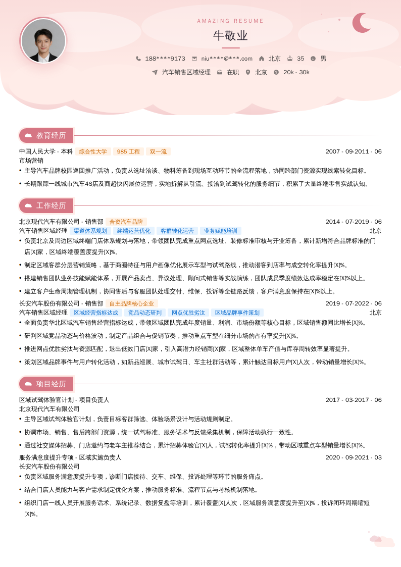 汽车销售区域经理简历模板