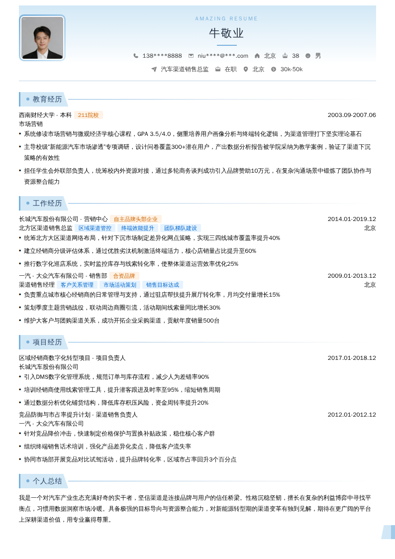 汽车渠道销售总监简历模板