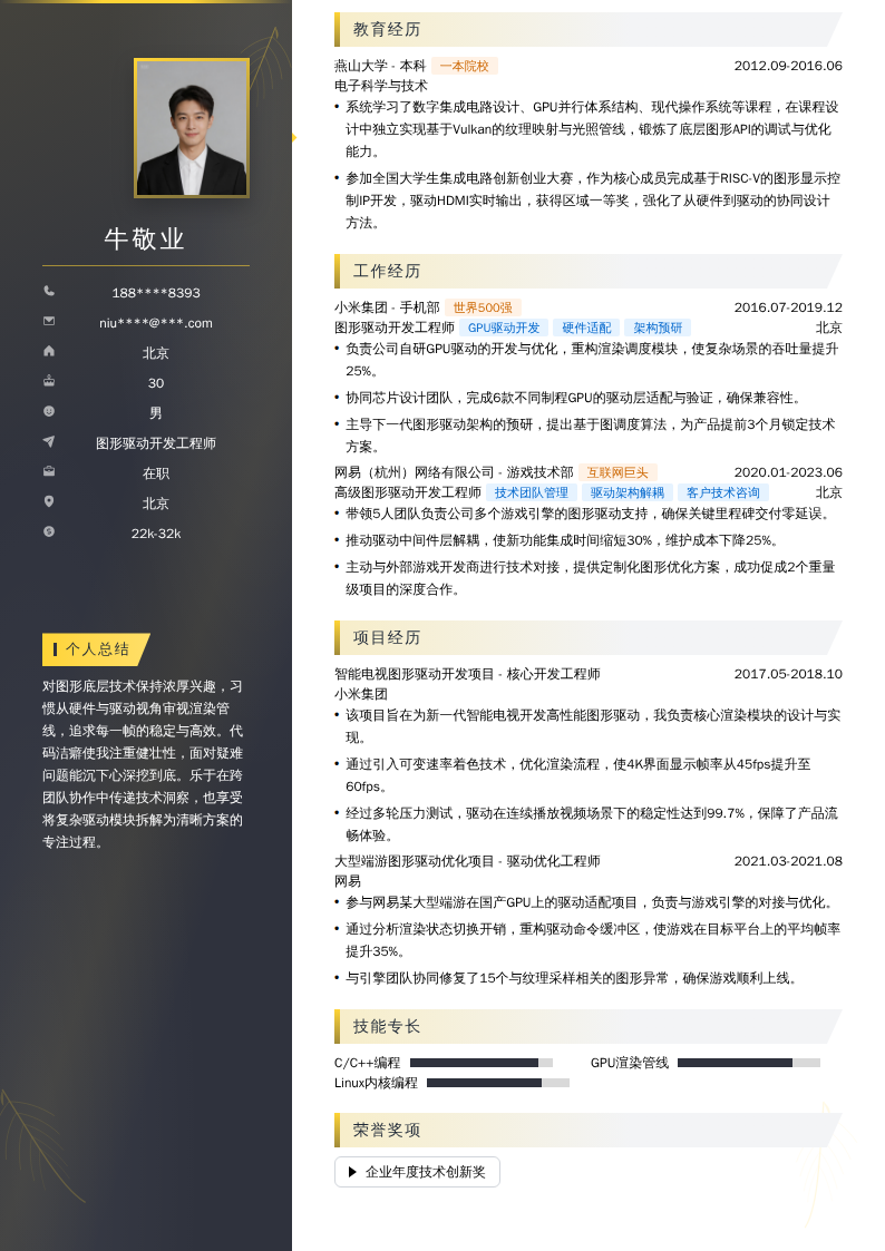 图形驱动开发工程师简历模板