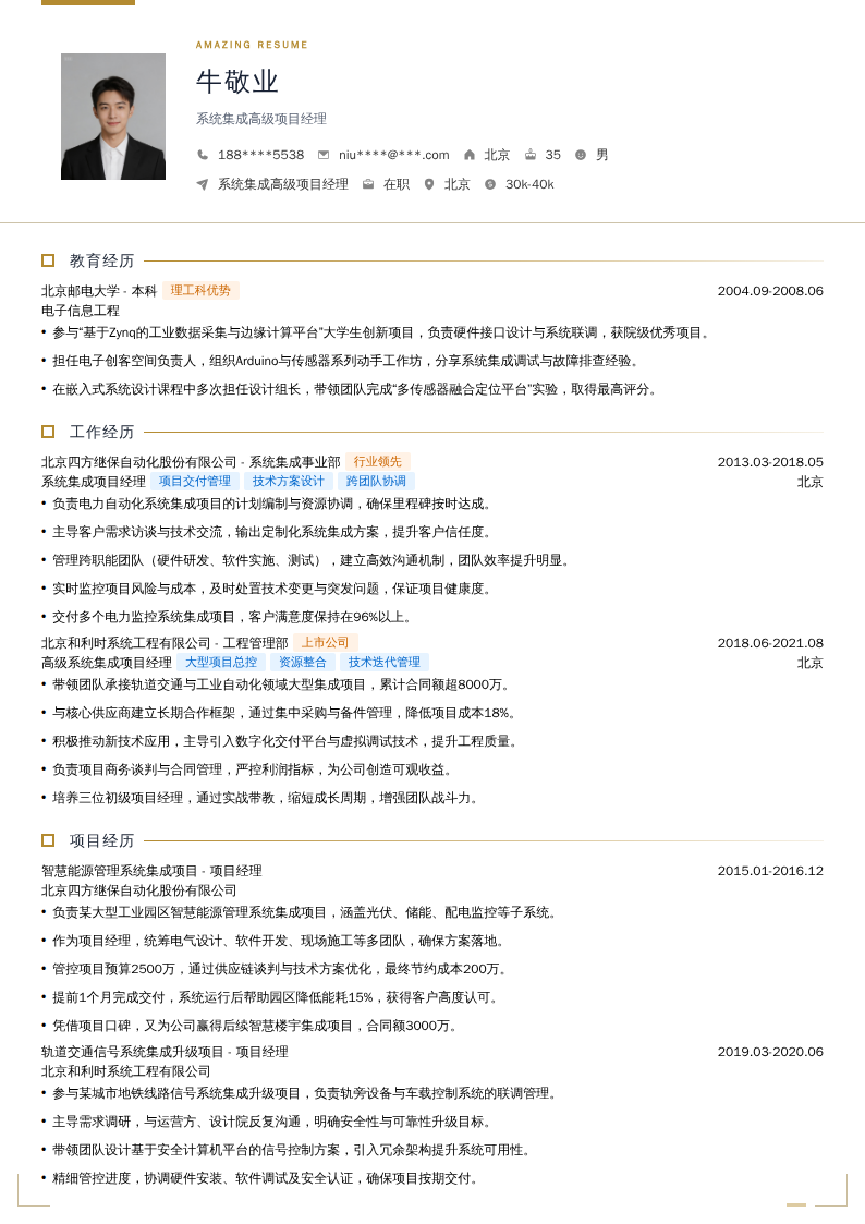 系统集成高级项目经理简历模板