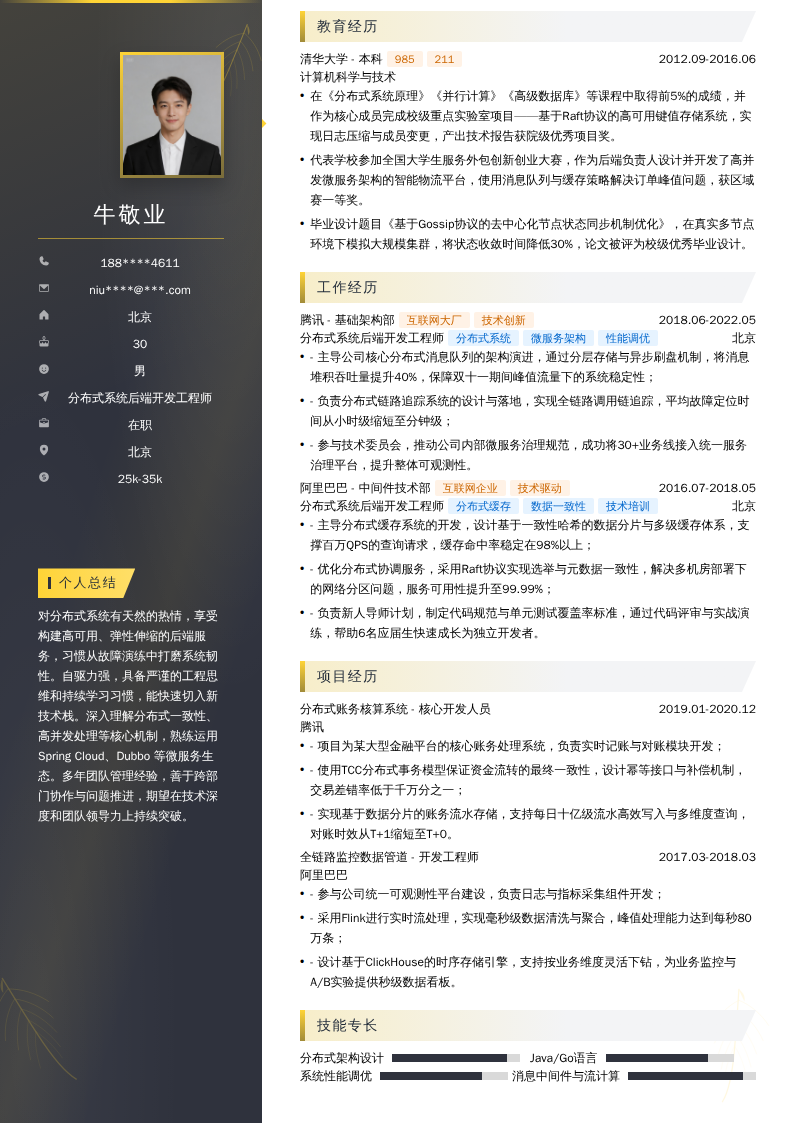 分布式系统后端开发工程师简历模板