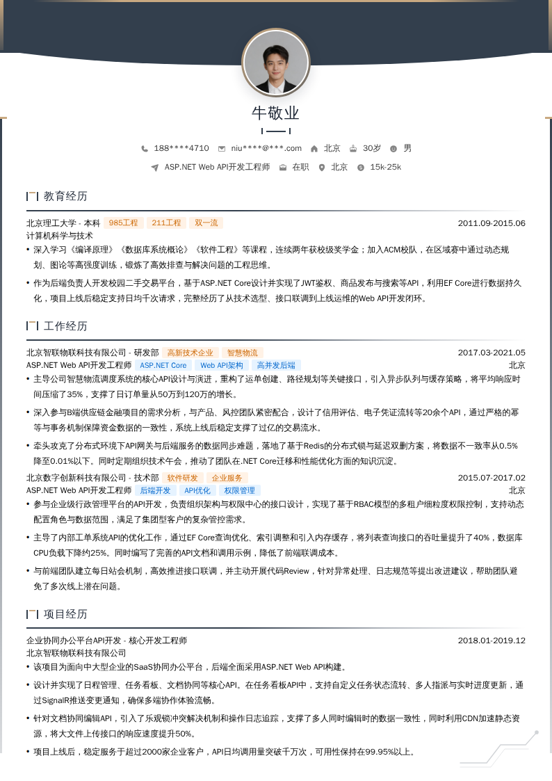 ASP.NET Web API开发工程师简历模板