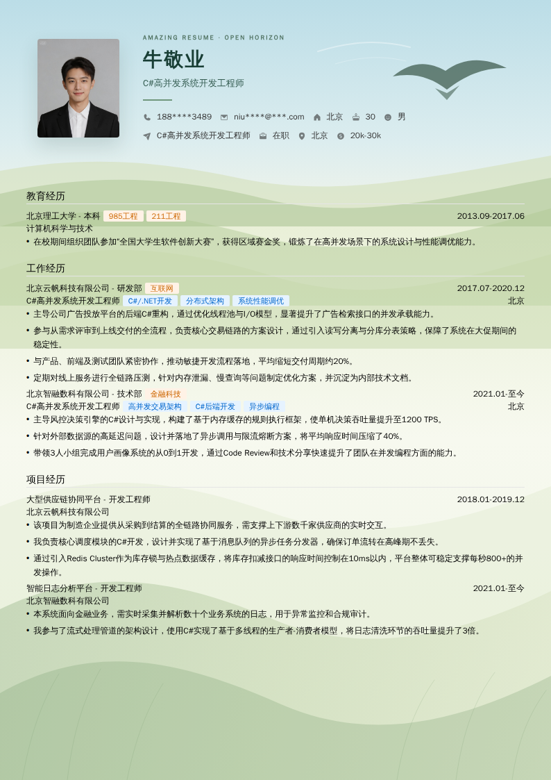 C#高并发系统开发工程师简历模板
